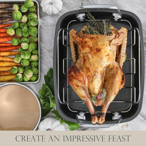 KITESSENSU Nonstick Turkey Roasting Pan - Heavy Duty 17 x 14 Inch Chicken Roaster with Rack - Ideal for 24lb Turkey, Gray