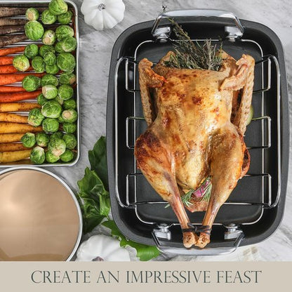 KITESSENSU Nonstick Turkey Roasting Pan - Heavy Duty 17 x 14 Inch Chicken Roaster with Rack - Ideal for 24lb Turkey, Gray