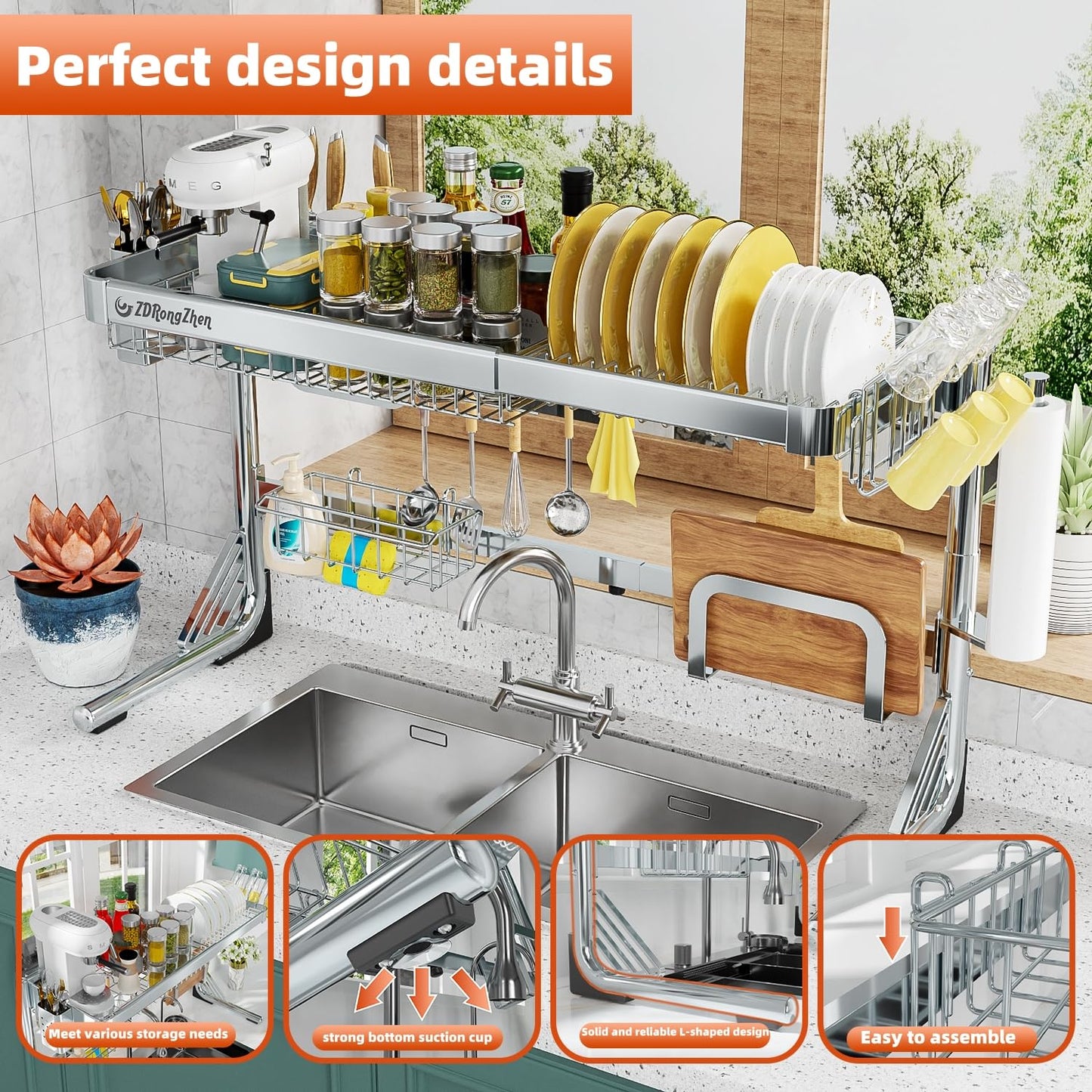 ZDRongZhen Over The Sink Dish Drying Rack,2 tier Full 304 Stainless Steel dish drainer rack,Adjustable Length (22.8''~35.04'') Kitchen Storage Counter with Cup Hanging Set and Hooks (Silver-2Tier)