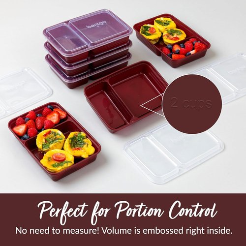 Bentgo Prep - 20-Piece Reusable Meal Prep Containers | 2-Compartment, BPA-Free, Microwave & Dishwasher Safe (Burgundy)
