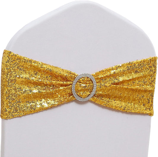 Spandex Sequin Chair Sashes - Pack of 100 Gold Wedding & Party Decor | Perfect for Baby Showers