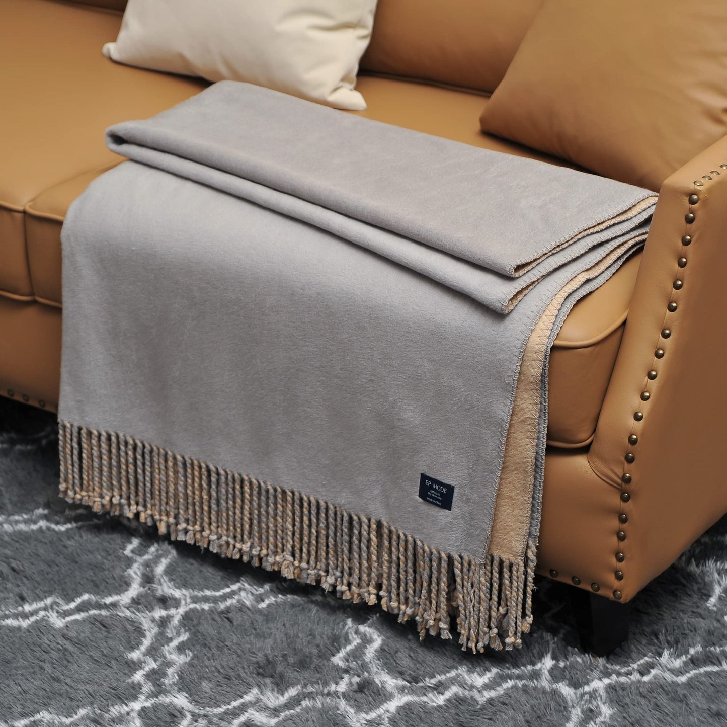 EP Mode Reversible Fringed Mulberry Silk Throw Blanket for Sofa (Light Grey/Beige)