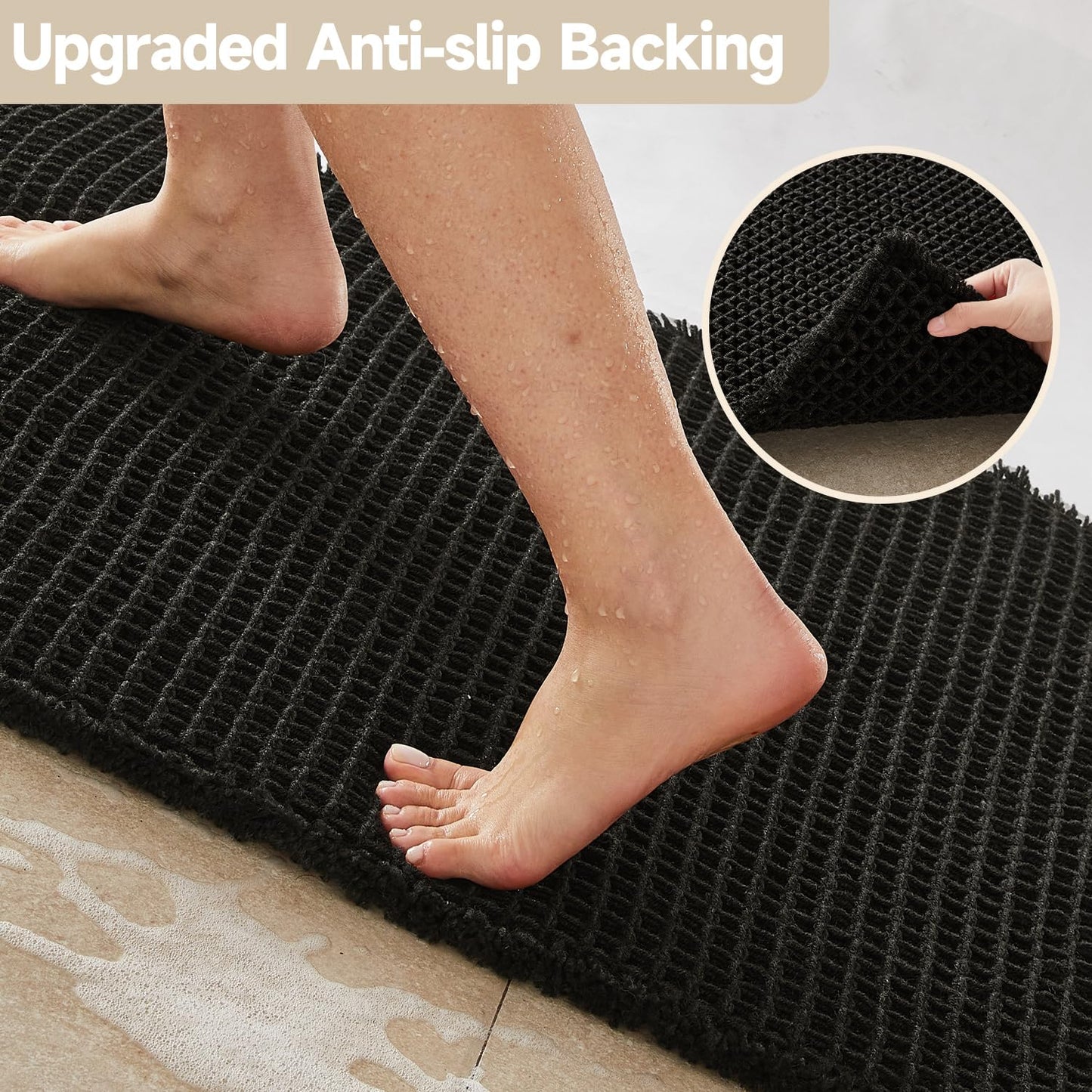 TYUU Black Bathroom Rug, Waffle Bath Mat Non Slip Washable Super Absorbent Quick Dry Boho Farmhouse Bathroom Decor, 36"x24"/ 3'x2' Black