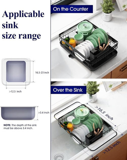 Kitsure Dish Drying Rack - Stainless Steel Kitchen Organizer with Cutlery Holder | 12.2''W x 15.7''~23''L, Black