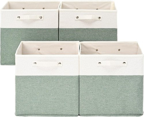 FinishingBo Storage Bins - 13x13 Inch Fine Linen Fabric Cube Organizers with Handles | White/Green - 4 Pack
