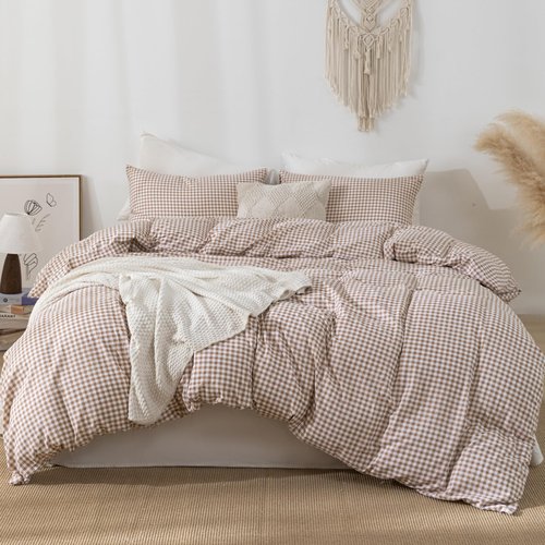 YHJWW Tan Gingham Duvet Cover Bedding Set Prewashed Extra Soft Comfy Breathable 3 Piece Brown Plaid Checkered Grid Vintage Comforter Cover Set Cute Aesthetic (Queen 90"x90", No Comforter)