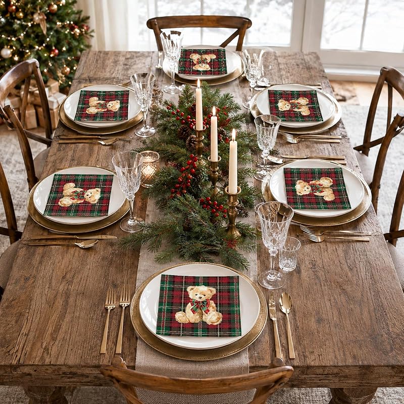 Whaline Red Green Plaid Bear Paper Napkins 50ct - 13x13in Luncheon, Baby Shower & Christmas Theme