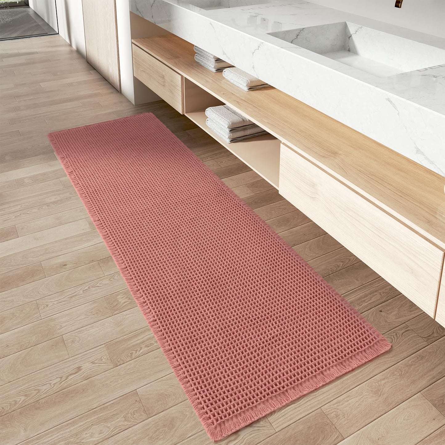 Upgraded Waffle Runner Rug Super Absorbent Non Slip Bath Mats for Bathroom Floor Washable Bathroom Runner Rug with Tassels, Ideal for Hallway Bedroom Laundry Room, Coral Pink, 2' x 5'(24" x 60")