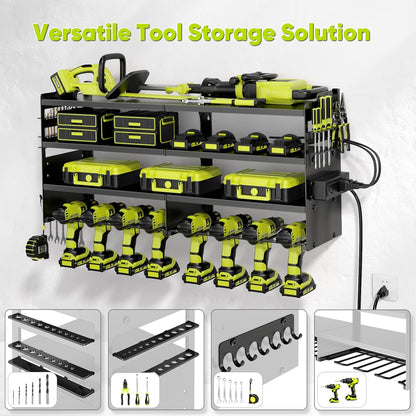 POKIPO Heavy-Duty Tool Organizer Wall Mount - 4-Layer Metal Rack with Charging Station & 8 Drill Holders
