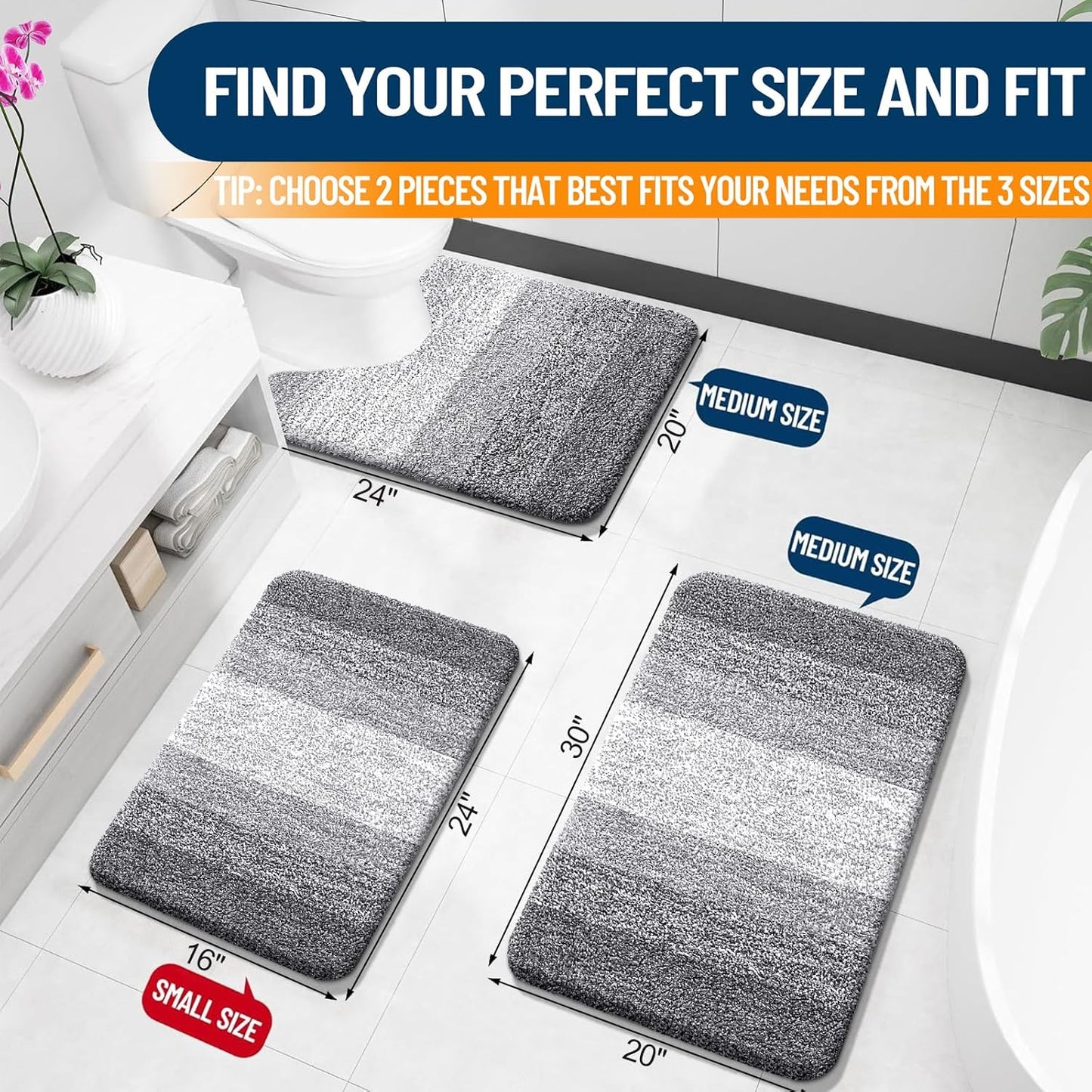 OLANLY Bathroom Rug Set - Soft Absorbent Microfiber Mats & U-Shaped Contour Rug | Non-Slip, Machine Washable, Grey (24"x16" + 24"x20")