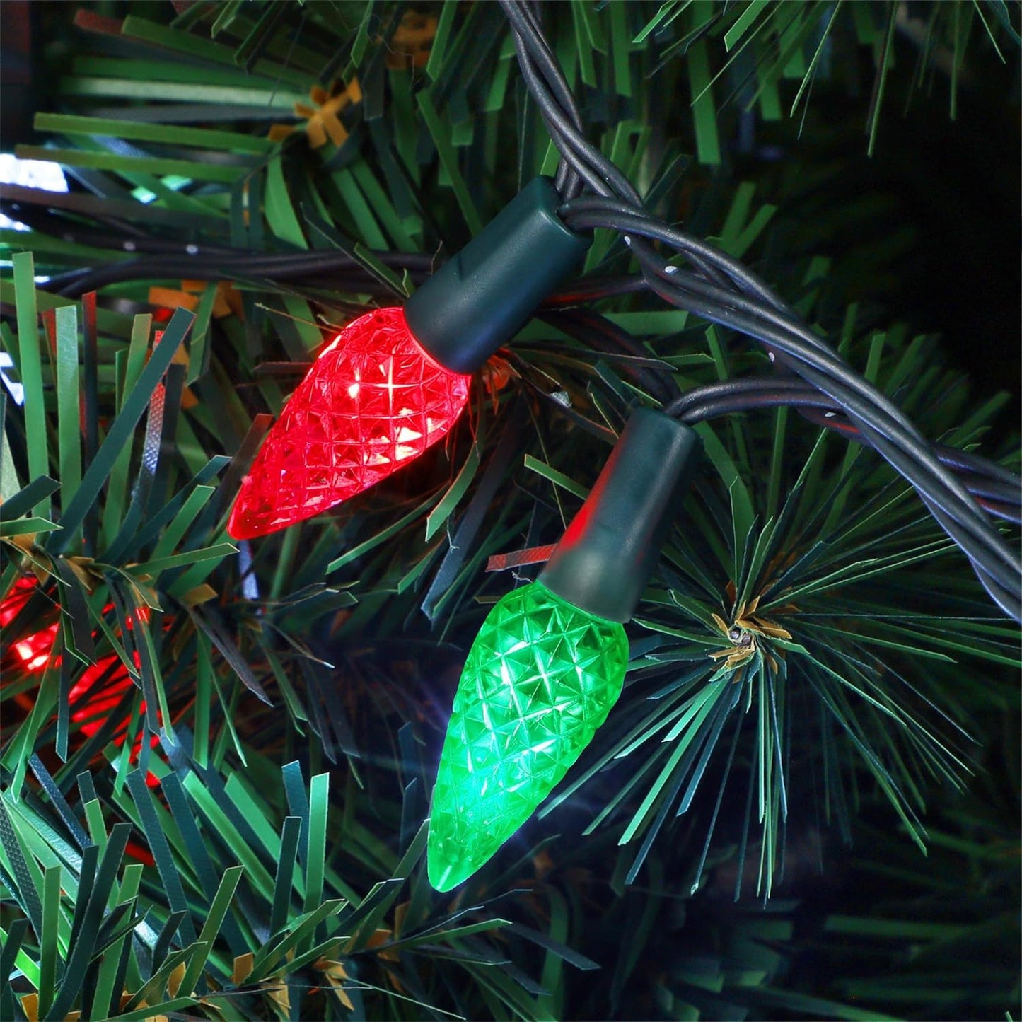 WATERGLIDE C6 33ft LED Faceted String Lights - 100 Waterproof Fairy Lights for Indoor/Outdoor Decor | Red & Green