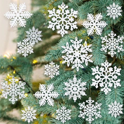 Kockuu Christmas Ornaments - 49Pcs White Glitter Snowflake Decorations for Tree & Home Decor