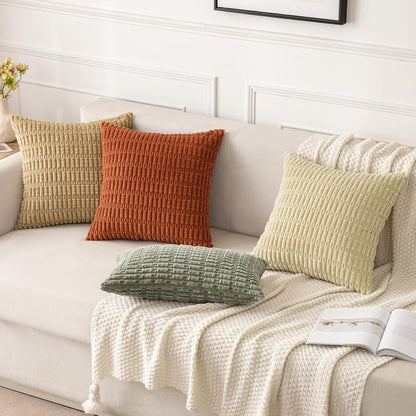 MIULEE Corduroy Throw Pillow Covers - Soft Boho Striped Design | 20x20 Inch Light Olive Green (Set of 2)