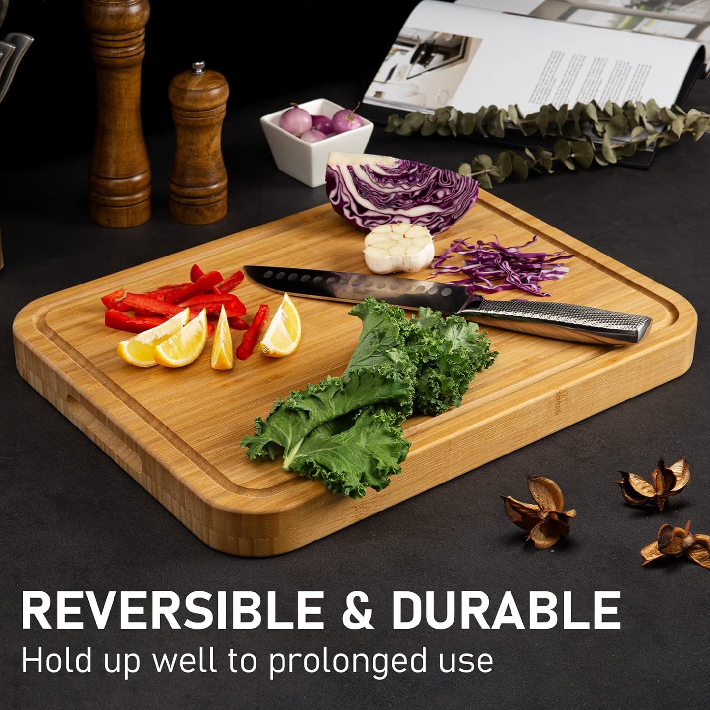 Turkey Carving Board - Heavy Duty Bamboo Wood Butcher Block with Juice Groove & Pyramid Spikes