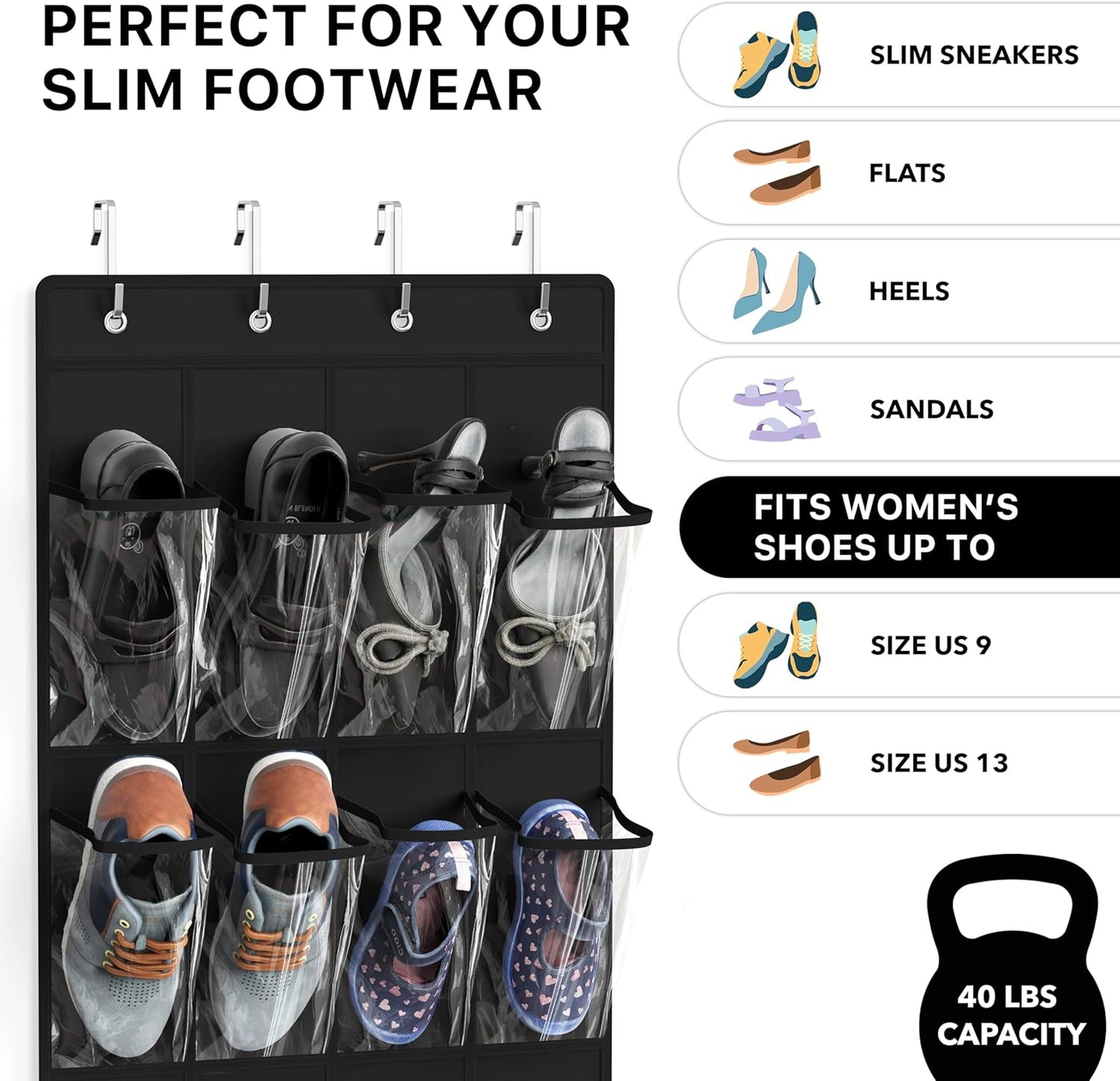 Simple Houseware 24-Pocket Over The Door Hanging Shoe Organizer - Crystal Clear, Black (64" x 19")