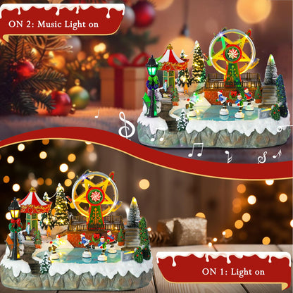 Christmas Village House Musical Christmas Collectible Buildings Amusement Park Carousel Skating Ferris Wheel with LED Lights Christmas Vacation Village with USB Indoor Figurines Decoration