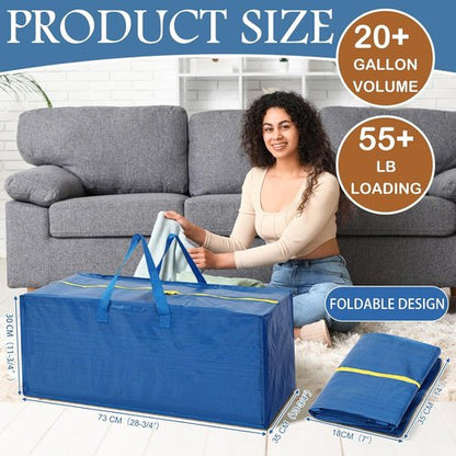 4 Pack Extra Large Moving Bags - Heavy Duty Storage Totes with Backpack Straps & Strong Zippers | Space-Saving Blue