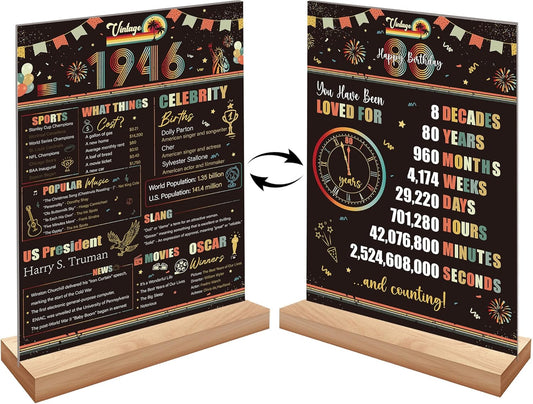 Vintage 80th Birthday Decorations - Acrylic Two-Sided Back in 1946 Table Sign with Stand | Cheers to 80 Years