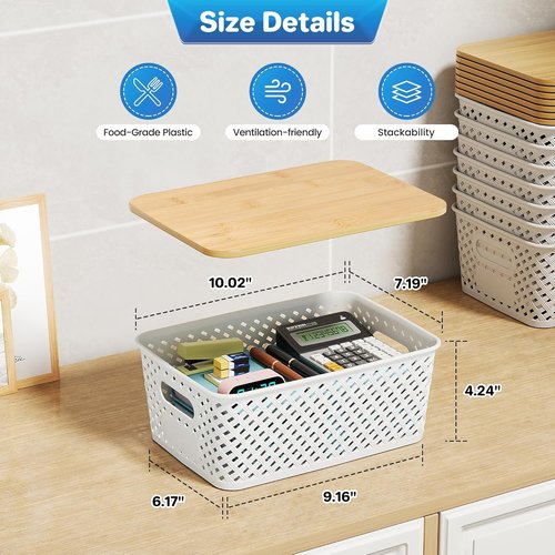 Anysig Plastic Storage Bins - 8 Pack Stackable Baskets with Bamboo Lids for Organizing | Cream White