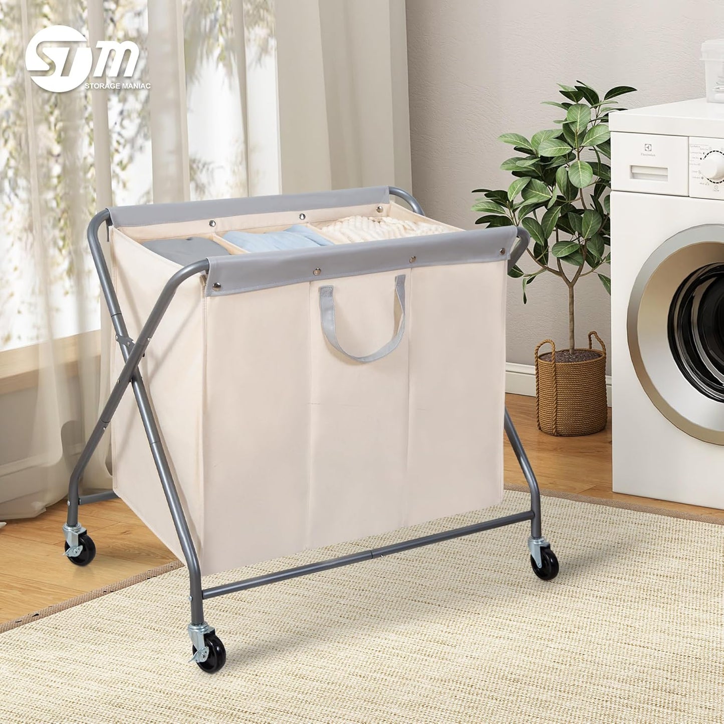 Storage Maniac 160L Collapsible Laundry Hamper - Heavy-Duty Rolling Basket with Removable Bag | 3-Section Organizer