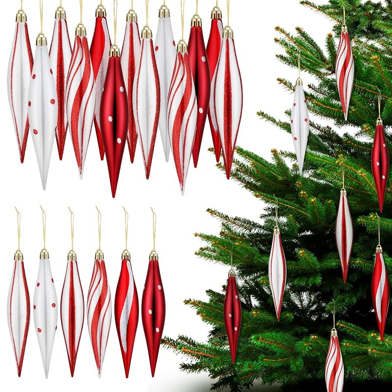 Candy Cane Christmas Ornaments 6" Teardrop 30 Pcs Red & White – Plastic Finial Drops