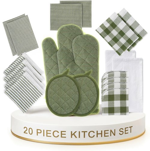 LANE LINEN Dish Towel and Dishcloth Set - 20 Pc Cotton Towels, Heat Resistant Kitchen Mitts and Pot Holders, Olive