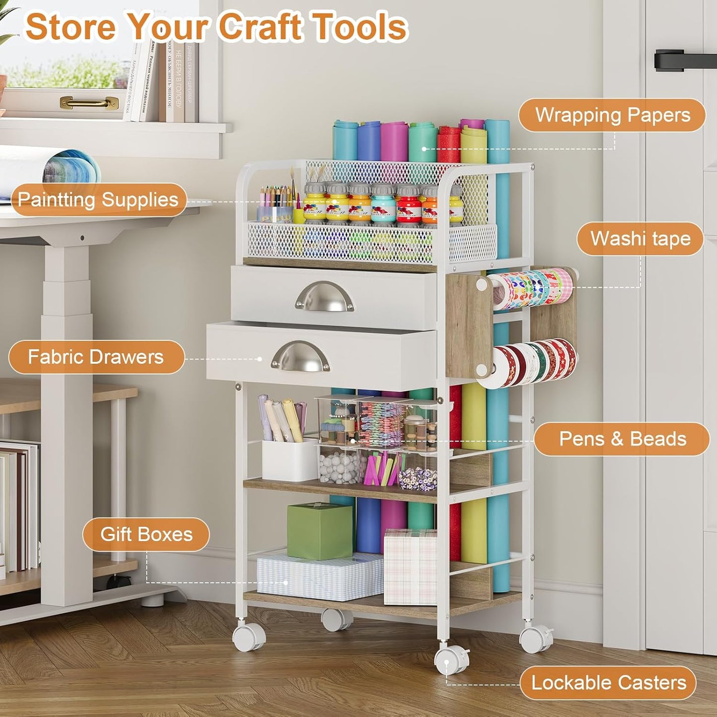 Rolling Craft Storage Cart - Multi-Tier Organizer with 2 Fabric Drawers & Lockable Wheels | 16.54x11.4x32.68 Inches