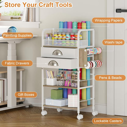Rolling Craft Storage Cart - Multi-Tier Organizer with 2 Fabric Drawers & Lockable Wheels | 16.54x11.4x32.68 Inches