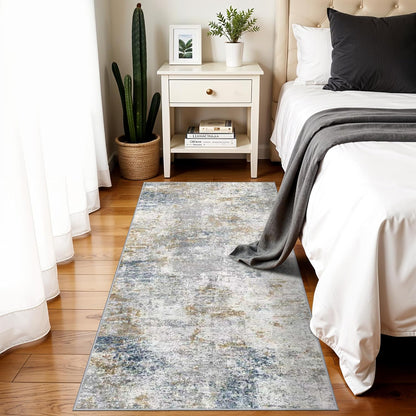 Skiennix Modern 2x5 Hallway Runner Rug - Abstract Washable Ultra Soft Non-Slip Carpet | Blue/Beige