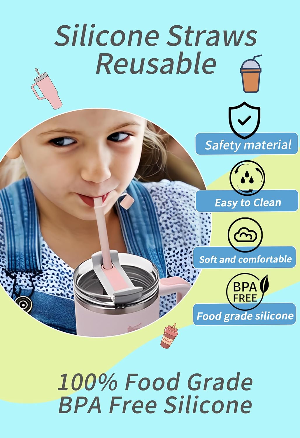 Skiennix Reusable Silicone Straws - 12-Inch Long with Covers | Perfect for Stanley Tumblers (6 Pack)