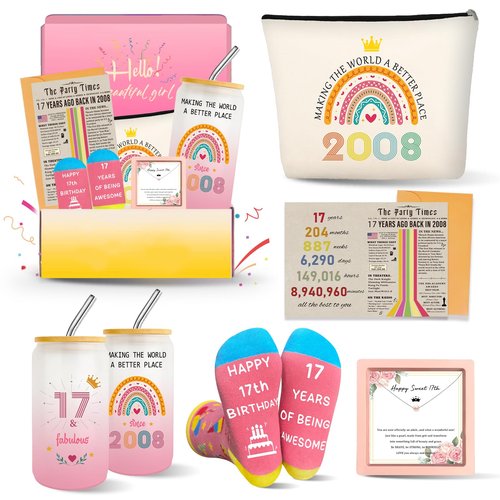 17th Birthday Gifts for Girls, Trendy 17 Year Old Girl Gift Ideas for Her Granddaughter Daughter Niece Teens, Happy 2008 Birthdays Decorations Presents Basket Glass Cup Sock Makeup Bag Necklace