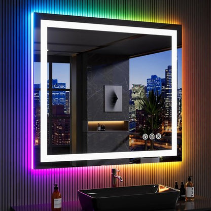 LOAAO LED Bathroom Mirror - 40" x 36" Anti-Fog, Dimmable, RGB Backlit & Front Lighted | Waterproof Tempered Glass