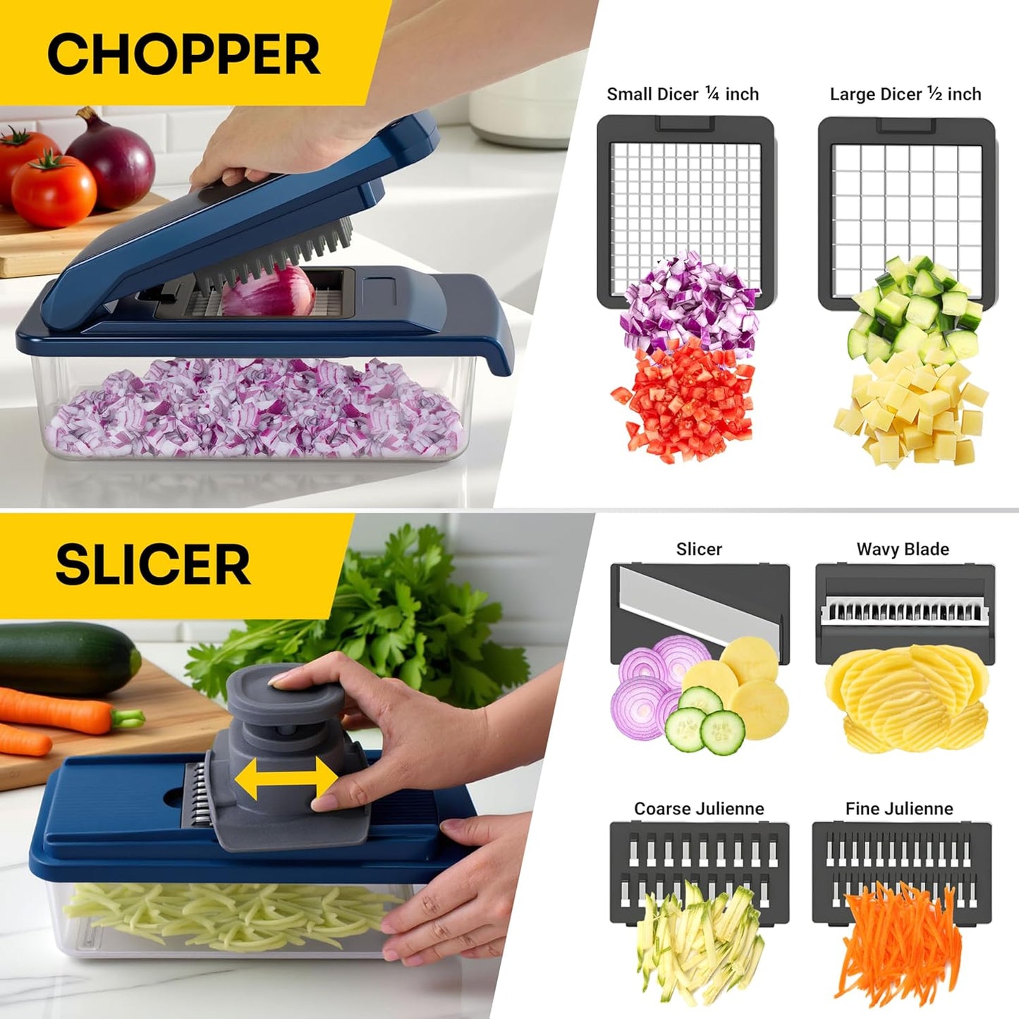 UltraChop Vegetable Chopper - 12 Blade Heavy Duty Food Processor & Spiralizer | Blue Kitchen Essential
