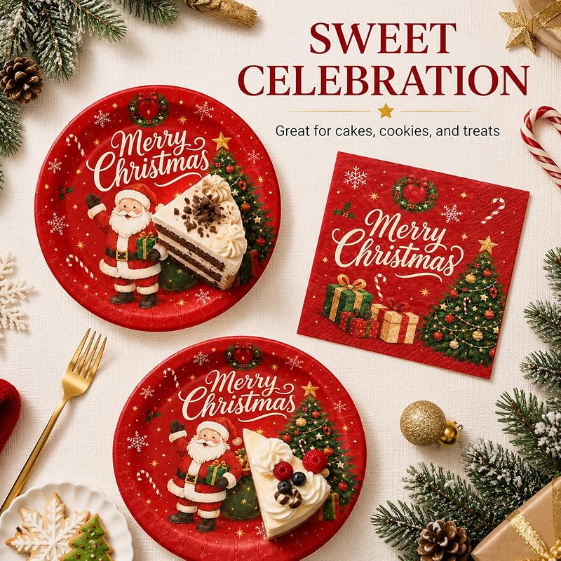 Christmas Plates and Napkins Set 50PCS 7 Inch - Santa & Trees Design Variation: Christmas