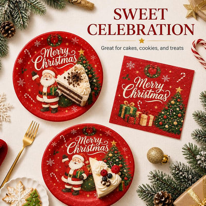 Christmas Plates and Napkins Set 50PCS 7 Inch - Santa & Trees Design Variation: Christmas