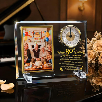 80th Birthday Glass Photo Frame Quartz Clock - 4x6 Photo Display - Gold-Tone Keepsake (Variation: 80th Birthday)