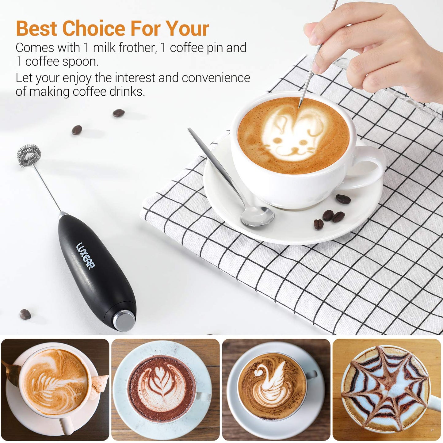 LUXEAR One Touch Milk Frother Handheld, Battery Operated Electric Hand Foamer Blender for Lattes, Whisk Drink Mixer for Coffee, Cappuccino, Frappe, Hot Chocolate with Stainless Steel Stand - Black