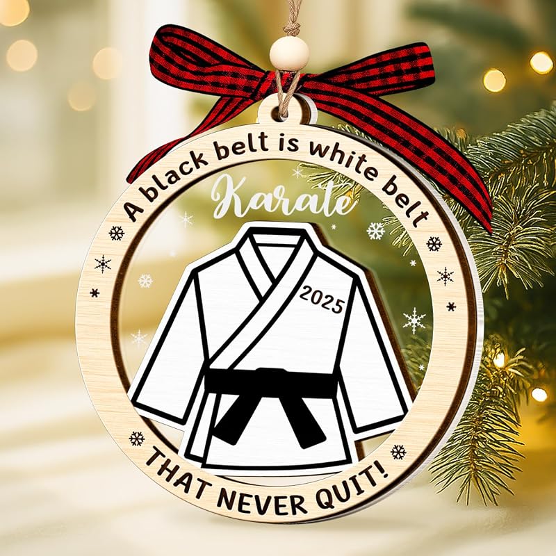 Karate Black Belt Ornament – Wooden & Acrylic 2-Layer Xmas Decoration for Karate Lovers