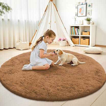OLANLY Round Khaki Area Rug - Soft, Fluffy, Machine Washable 7 ft Circle Carpet for Bedroom & Living Room Decor