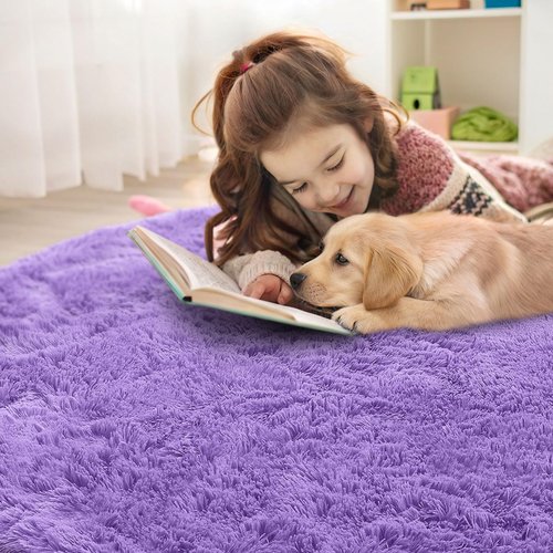 OLANLY Purple Round Rugs for Bedroom - Machine Washable, 3 ft Circle Area Rugs for Living Room, Soft and Fluffy Shaggy Carpet for Teen Girls and Boys, Nursery Rooms, Dorms, Home Decor Aesthetic