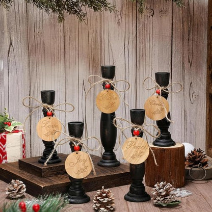 Cinnvoice Christmas Candle Holders Set - Rustic Wood Centerpiece with Peace, Love, Hope Tags | 8.26'' & 7''