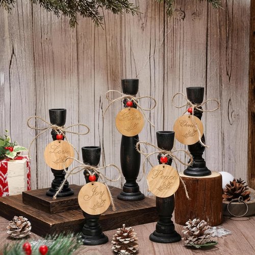 Cinnvoice Christmas Candle Holders Set - Rustic Wood Centerpiece with Peace, Love, Hope Tags | 8.26'' & 7''