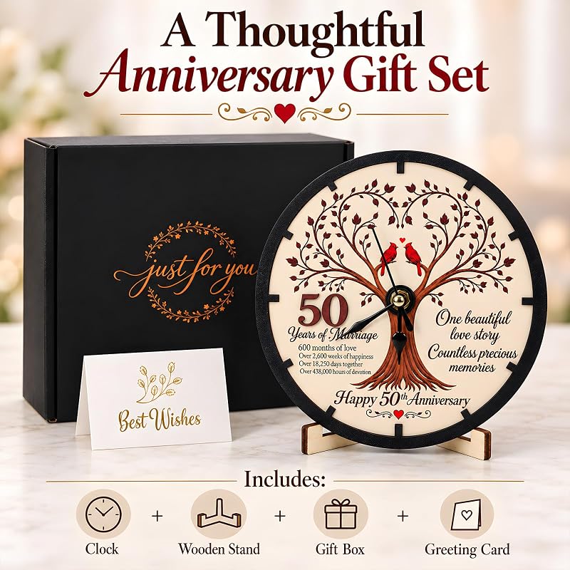 50th Anniversary Wooden Clock Keepsake - Tree of Life, Cardinal Design, 7-Inch Desk Clock
