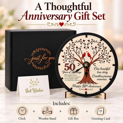 50th Anniversary Wooden Clock Keepsake - Tree of Life, Cardinal Design, 7-Inch Desk Clock