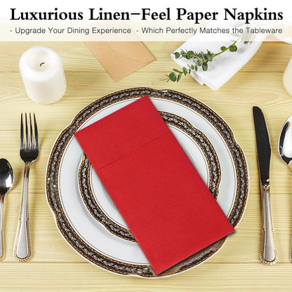 Disposable Linen-Feel Napkins with Built-In Flatware Pocket, Red 50 Count