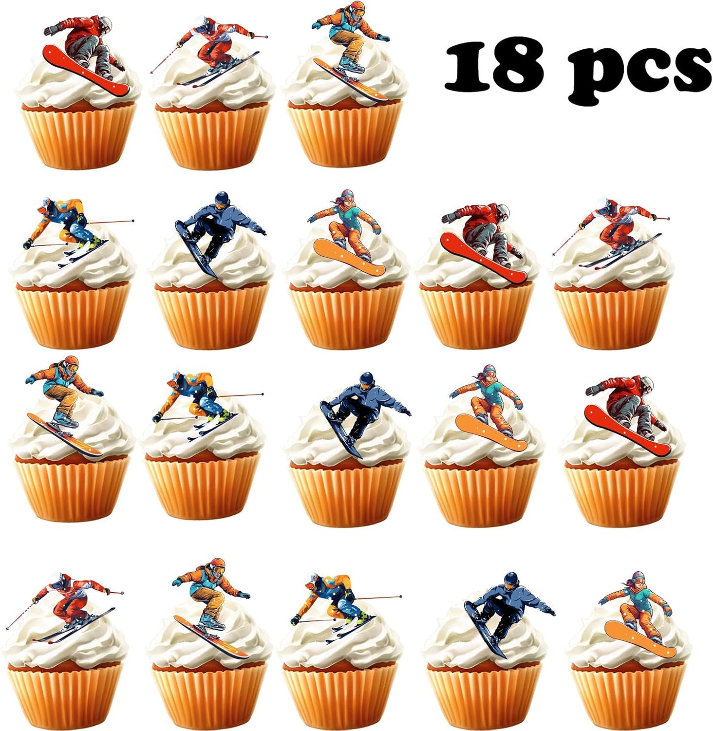 Skiennix 18pcs Ski Cupcake Toppers - Perfect Winter Sports Cake Decor for Skiers & Snowboarders