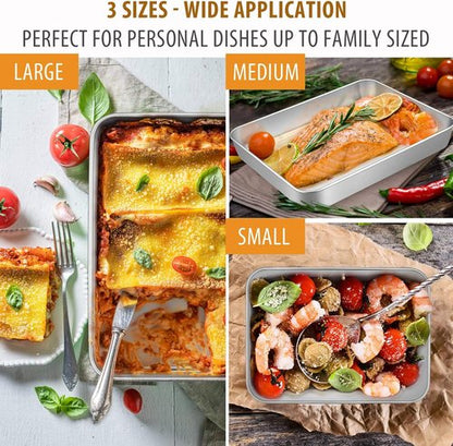 E-far Stainless Steel Baking Pans Set of 3 | Non-Toxic Rectangle Bakeware for Cakes, Lasagna & More - 12.5/10.5/9.4 Inch