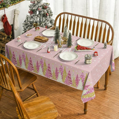 Horaldaily Pink 60"x60" Christmas Tablecloth - Winter Stars Trees, Washable Square