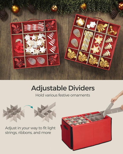SONGMICS Christmas Ornament Storage Box - Stackable Container with 128 Slots & Lid - Cherry Red, 600D Oxford