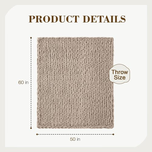 Carriediosa Chunky Knit Throw Blanket 50" X 60", 100% Hand Made Large Chenille Loop Yarn Soft Fluffy Throws for Couch Sofa Bed, Big Crochet Cozy Heavy Thick Cable Woven Blankets, Taupe